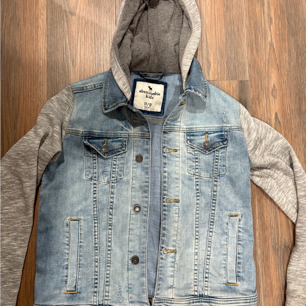 Abercrombie Kids Light Blue Denim Jacket with Gray Hood